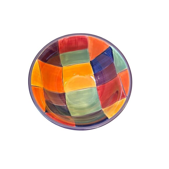 Corsica Hand Painted Soup Bowl Multicolored Check Block design 3.5x6 - Picture 2 of 4